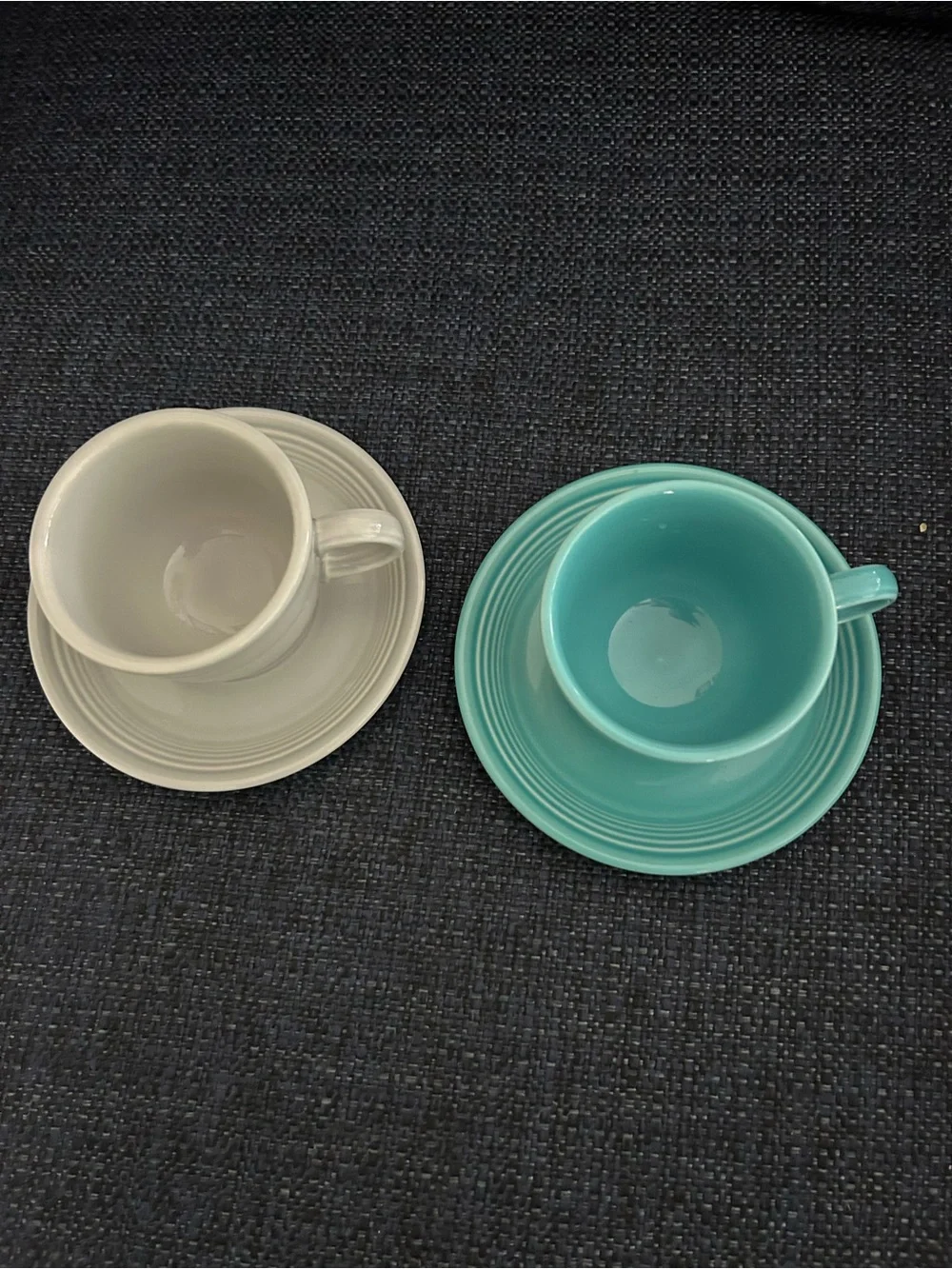 Pair of Fiesta Ceramic Teacups & Saucers - Aqua and gray